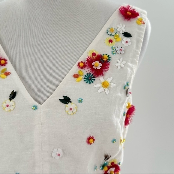 J crew womens top size 4P white 67% linen floral bedazzled embroidered peplum - Picture 7 of 15